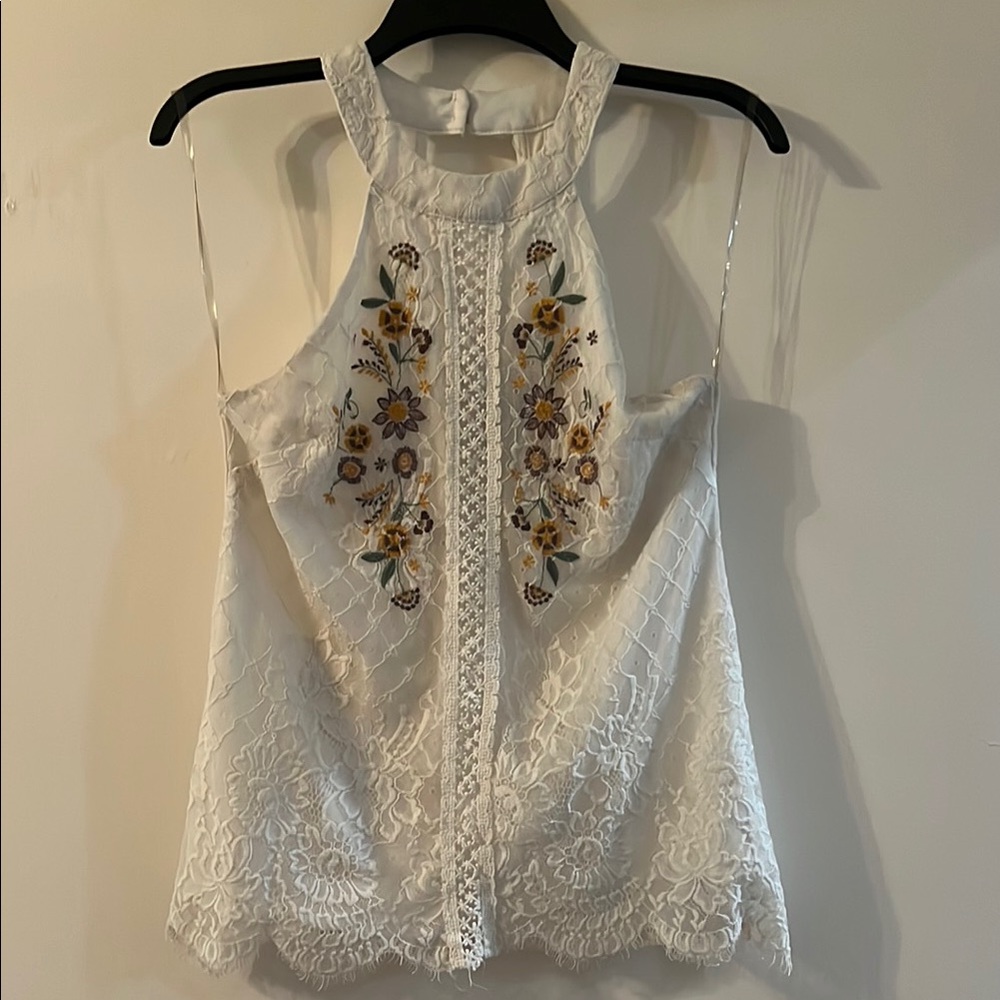 Blue Rain Cream Embellished Sleeveless Tank Top